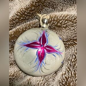 Vintage 1950s pink flower hand blown glass ornament.